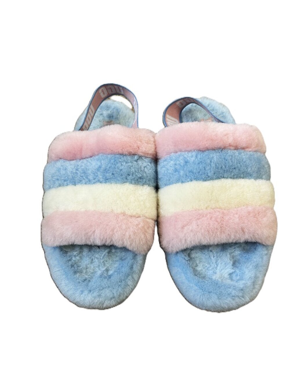 Ugg Fuzzy Plush Pink & Blue Open Toe Slippers 9 - Picture 2 of 5